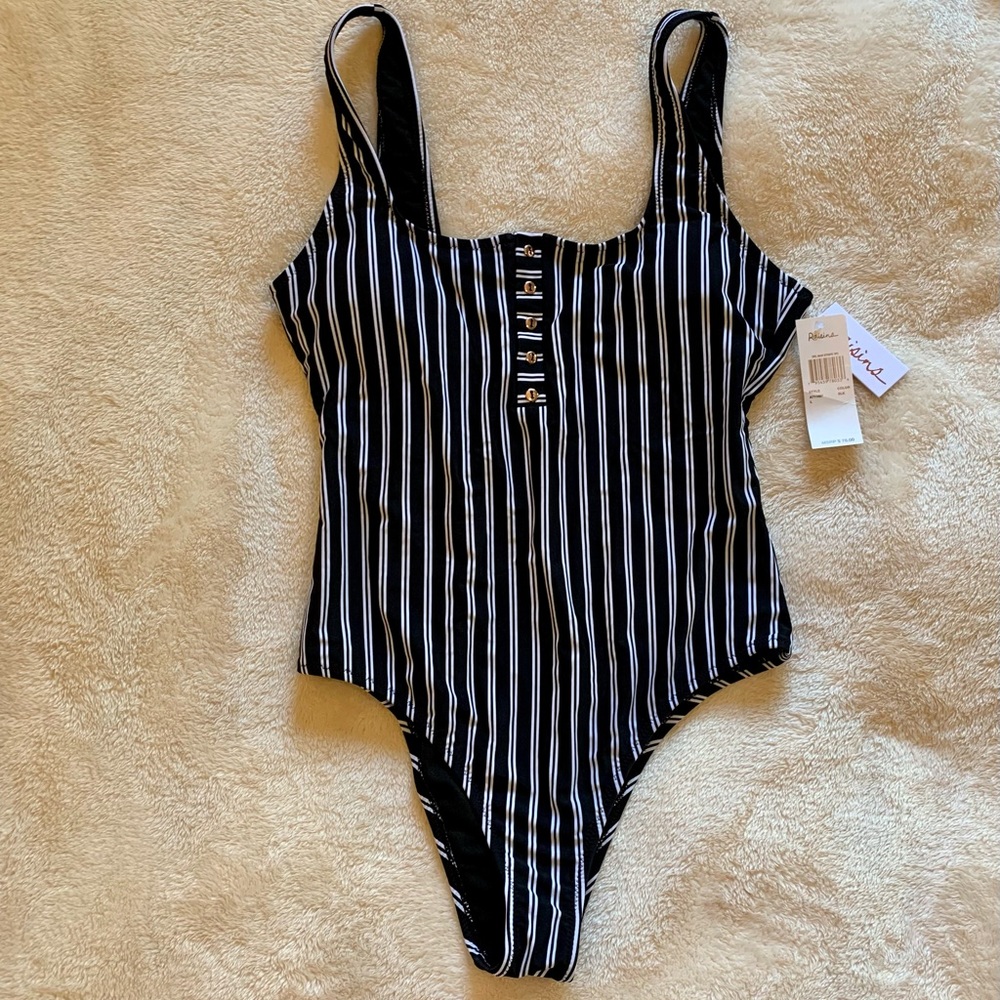 One Piece Black and White Stripe Swimsuit